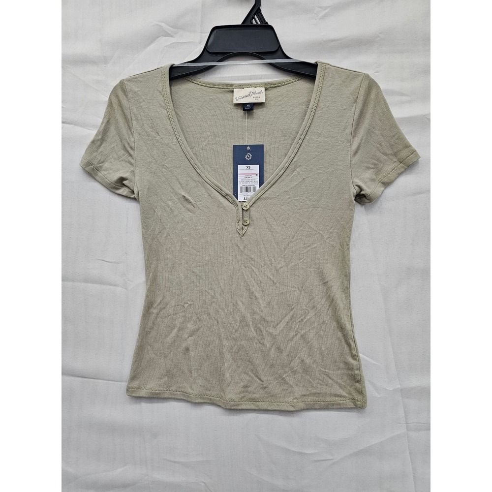 Universal Thread Womens Ribbed Henley V-Neck Short Sleeve Top Olive Green XS NEW